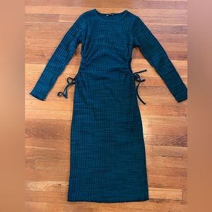 Zara green knit jersey dress cut out tie midi ribbed L
